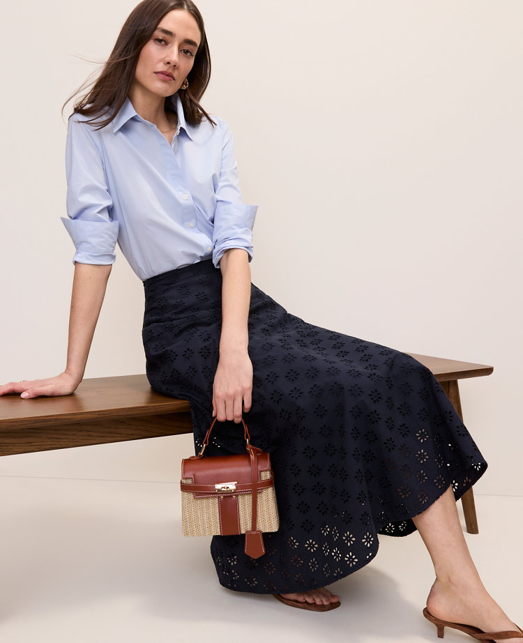 Ann Taylor Eyelet Full Midi Skirt Night Sky Women's