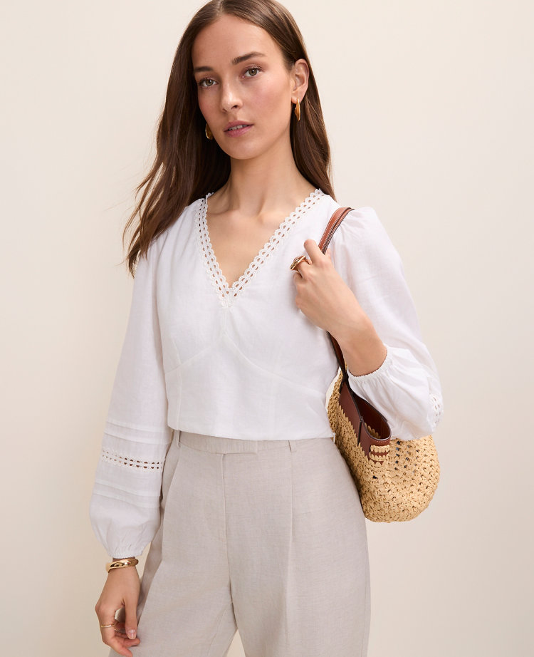 Embroidered V-Neck Blouse in Linen Blend