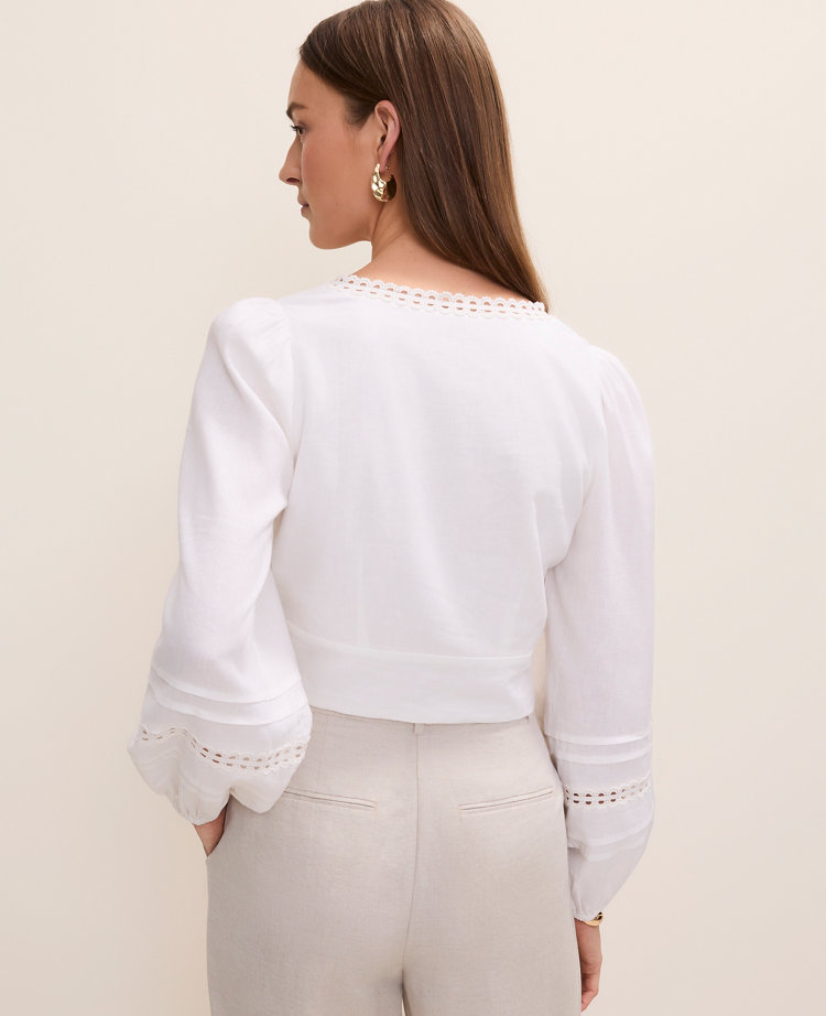 Embroidered V-Neck Blouse in Linen Blend