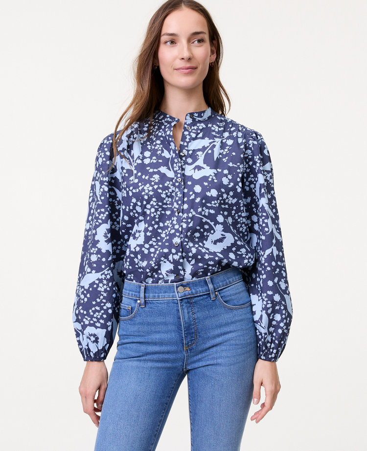 Ann Taylor Petite Weekend Collection Floral Stand Collar Blouse Subdued Navy Women's