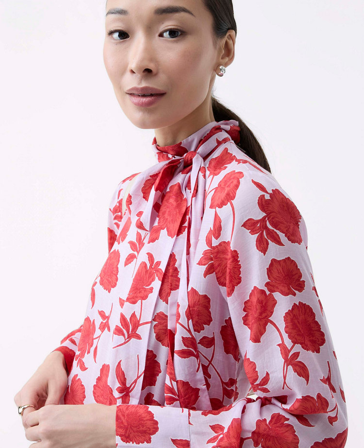 Ann Taylor Petite Floral Bow Blouse Fiery Sunset Women's