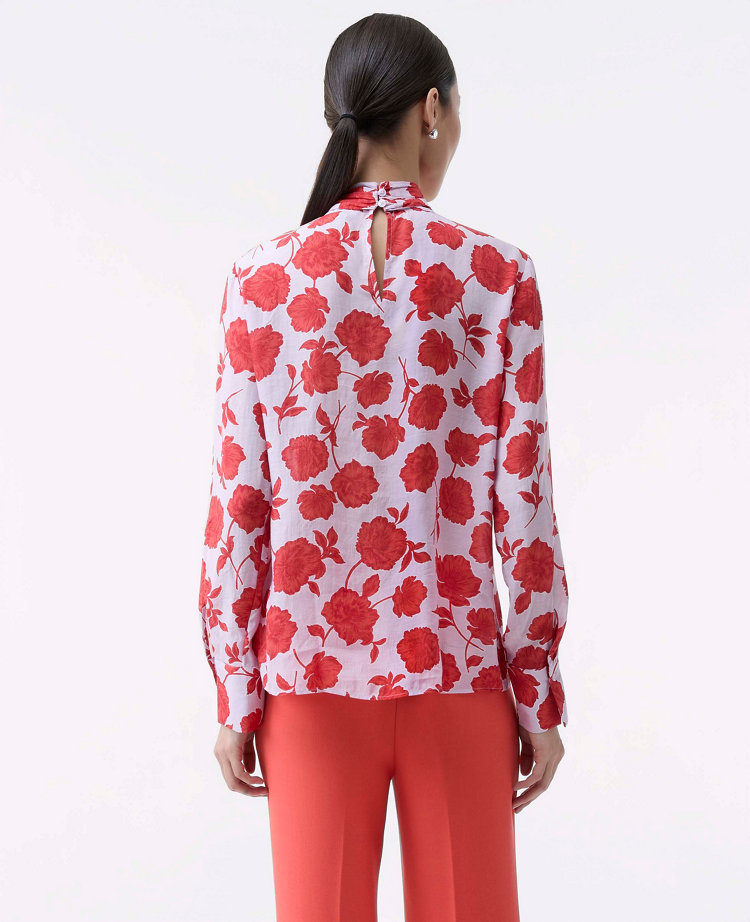 Ann Taylor Petite Floral Bow Blouse Fiery Sunset Women's