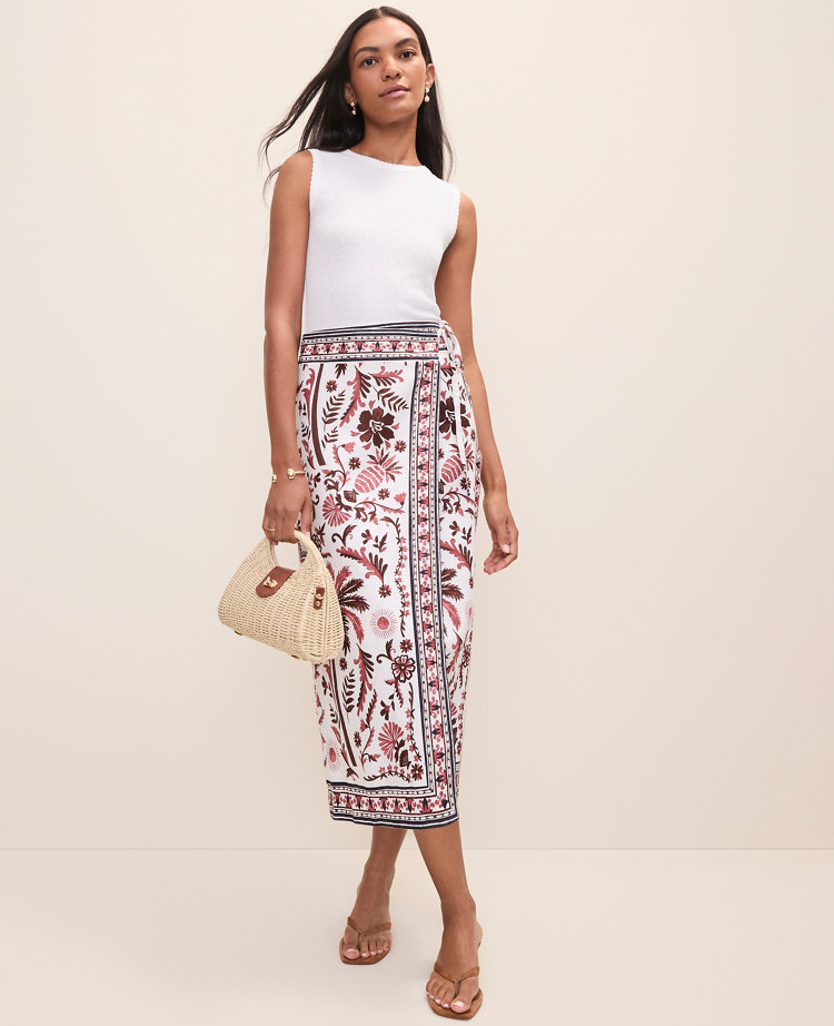 Weekend Palm Tree Print Sarong Midi Skirt in Linen Blend carousel Product Image 1