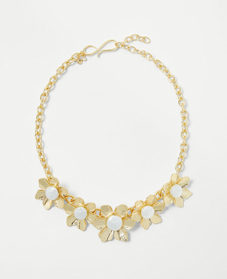 Pearlized Textured Metal Flower Statement Necklace