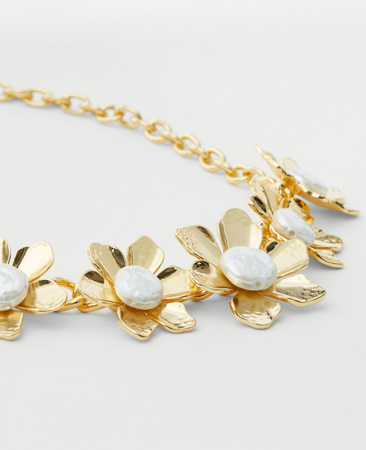 Pearlized Textured Metal Flower Statement Necklace - Goldtone