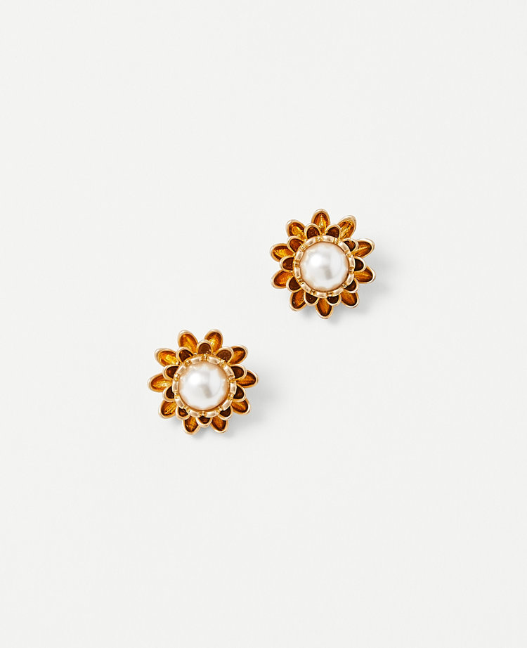 Ann Taylor Pearlized Metal Flower Stud Earrings In Goldtone