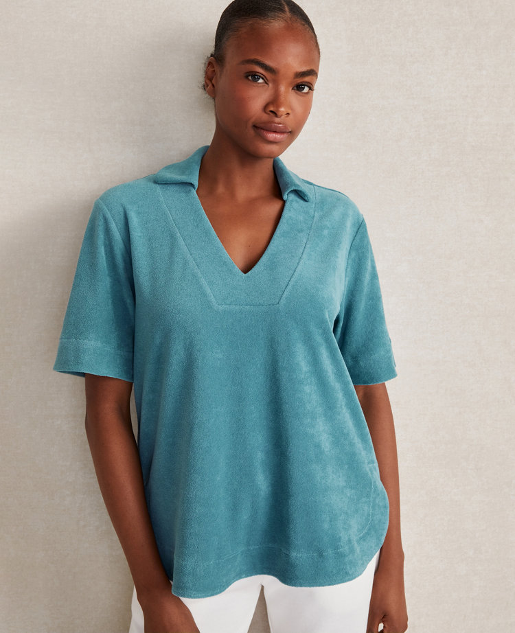 Ann Taylor Haven Well Within Terrycloth V-Neck Top Blue Ocean Women's