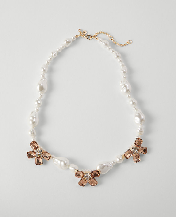 Pearlized Crystal Flower Statement Necklace