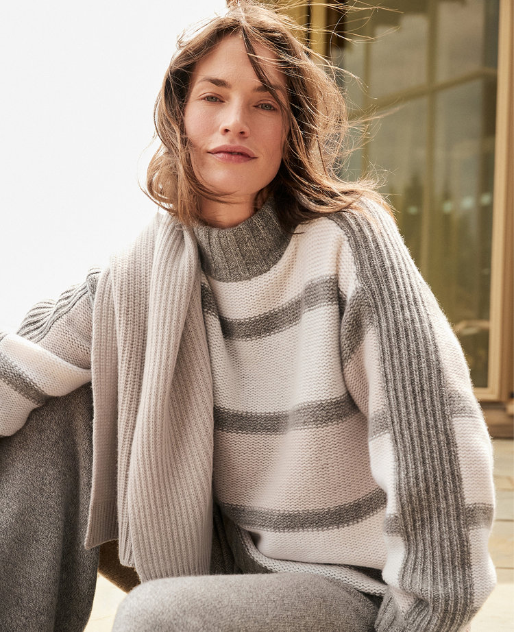 Ann Taylor Haven Well Within Cashmere Striped Mockneck Sweater Fresh Cream Women's