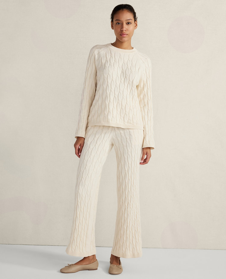 Ann Taylor Haven Well Within Cotton Cashmere Cable Knit Wide Leg Pants In Birch