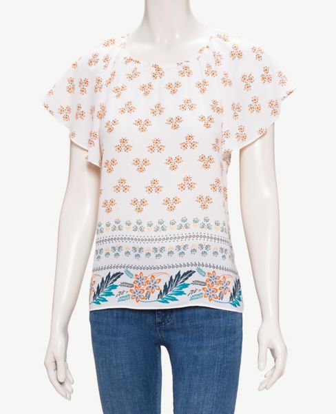 Image of Ann Taylor Factory Border Floral Flutter Sleeve Top