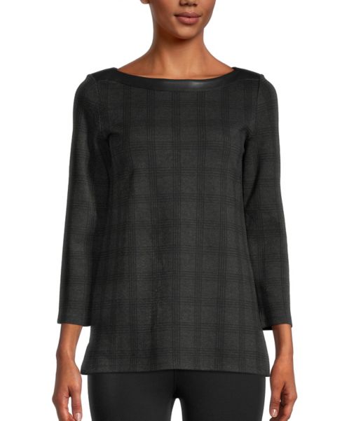Image of Ann Taylor Factory Windowpane Faux Leather Trim Tunic Top