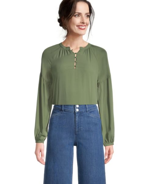 Image of Ann Taylor Factory Balloon Sleeve Mixed Media Top