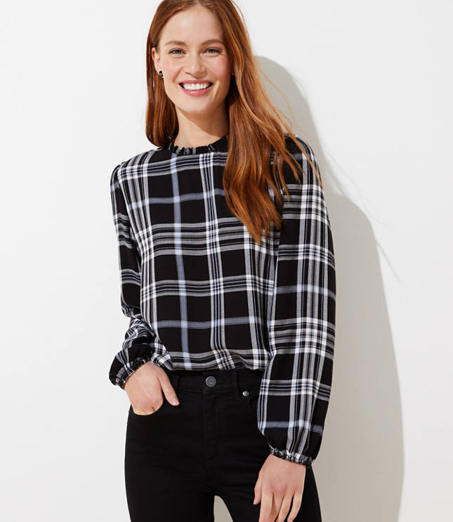 Plaid Ruffle Tie Back Blouse
