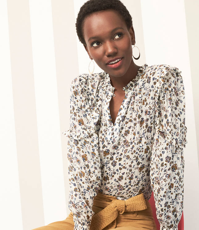 Floral Ruffle Split Neck Blouse