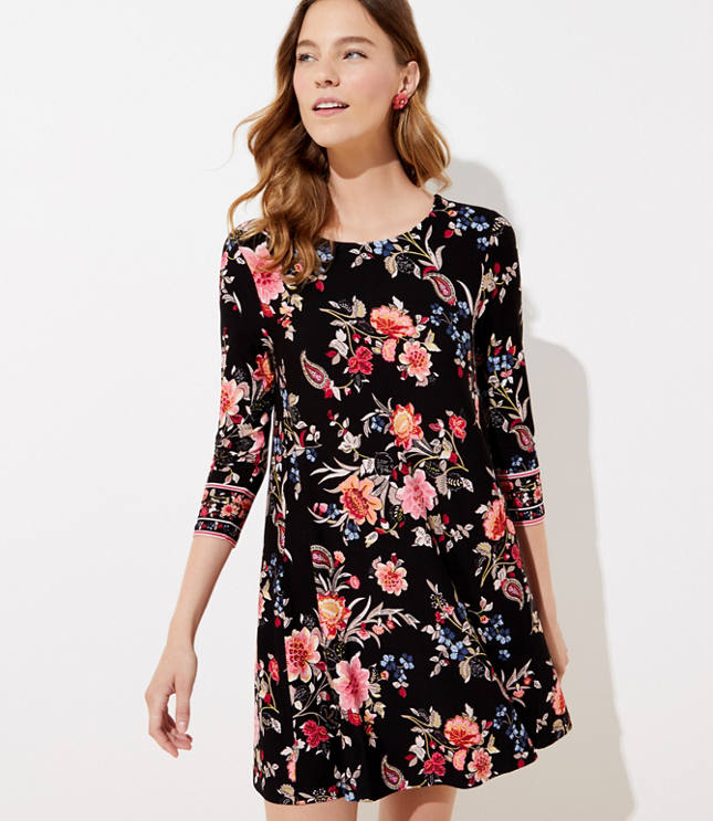 Petite Floral 3 4 Sleeve Swing Dress Loft