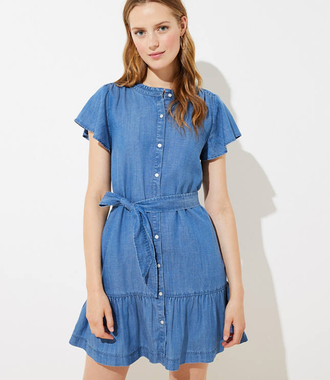 Petite Chambray Tie Waist Flutter Dress