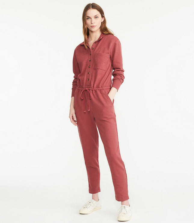 red utility jumpsuit