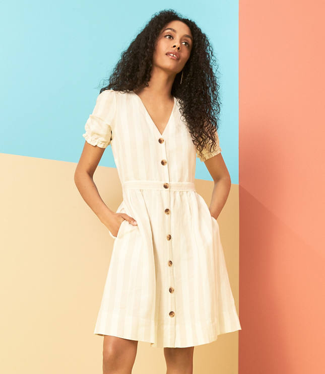 Striped Puff Sleeve Pocket Shirtdress