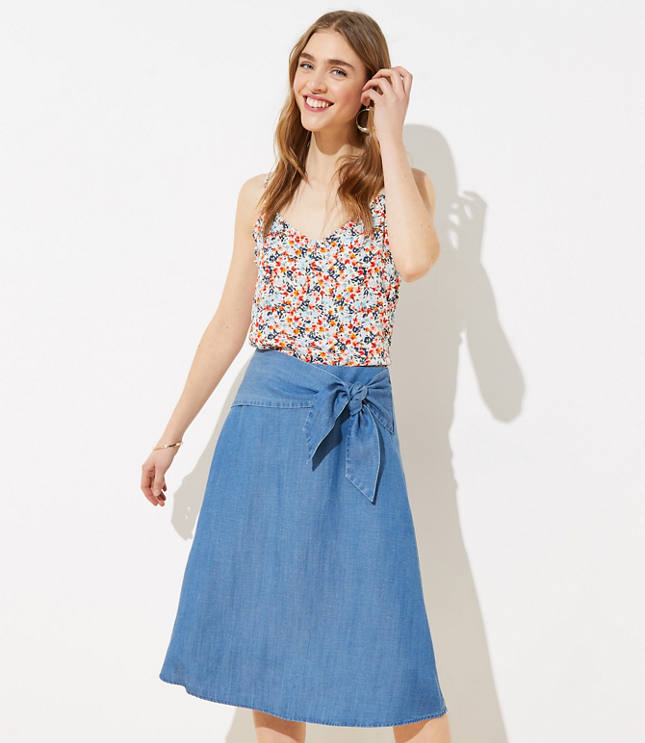 Chambray Tie Waist Midi Skirt