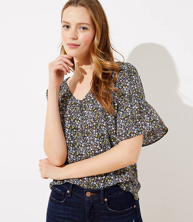 Petite Floral Ruffle Sleeve Mixed Media Top