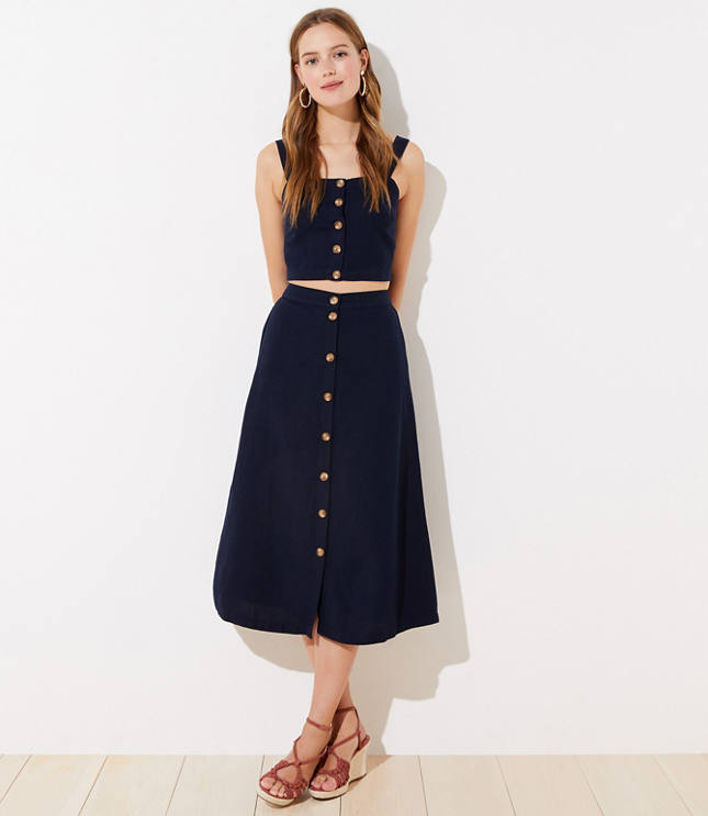 navy linen midi skirt