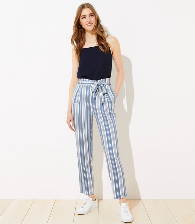 Striped Print Wide Leg Pants, Elegant Paper Bag Waist Pocket Pants, Women's  Clothing