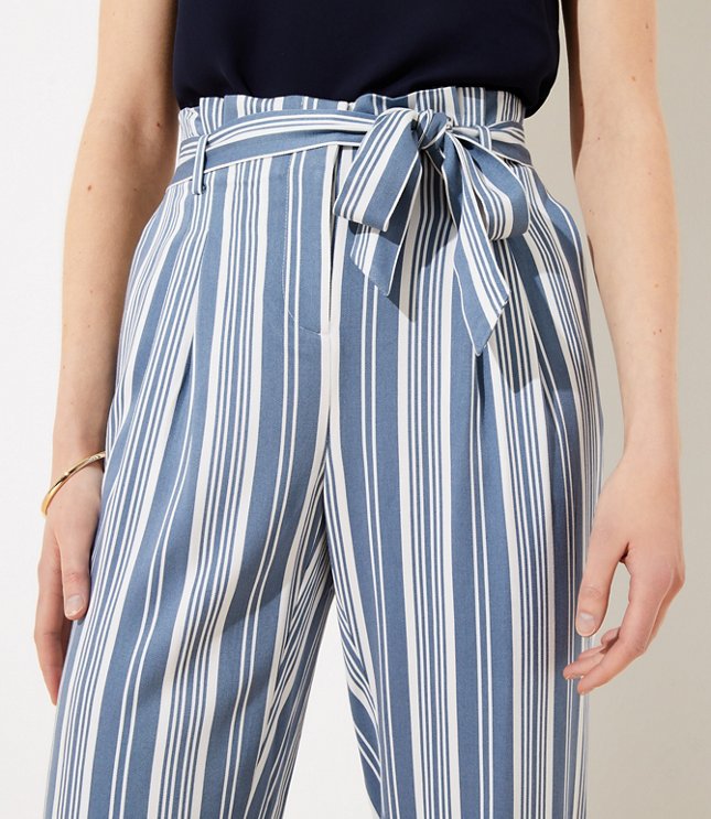 Blue and White Striped Pants - Paper Bag Pants - Wide-Leg Pants