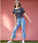 Destructed High Waist Slim Pocket Flare Crop Jeans in Indigo Wash carousel Product Image 1