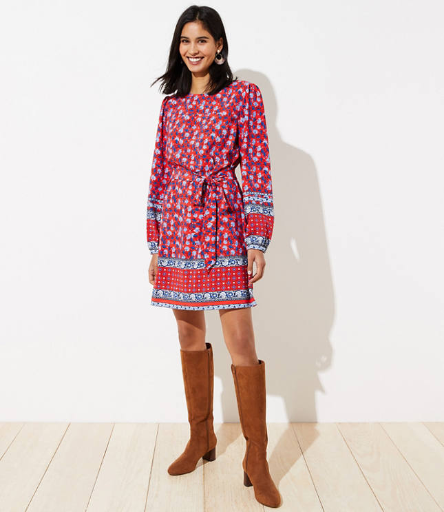 Border Floral Tie Waist Dress