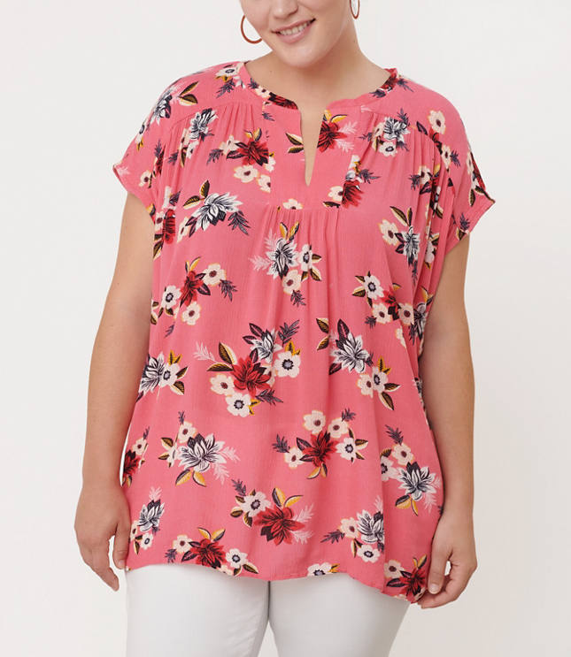 LOFT Plus Zinnia Split Neck Mixed Media Top