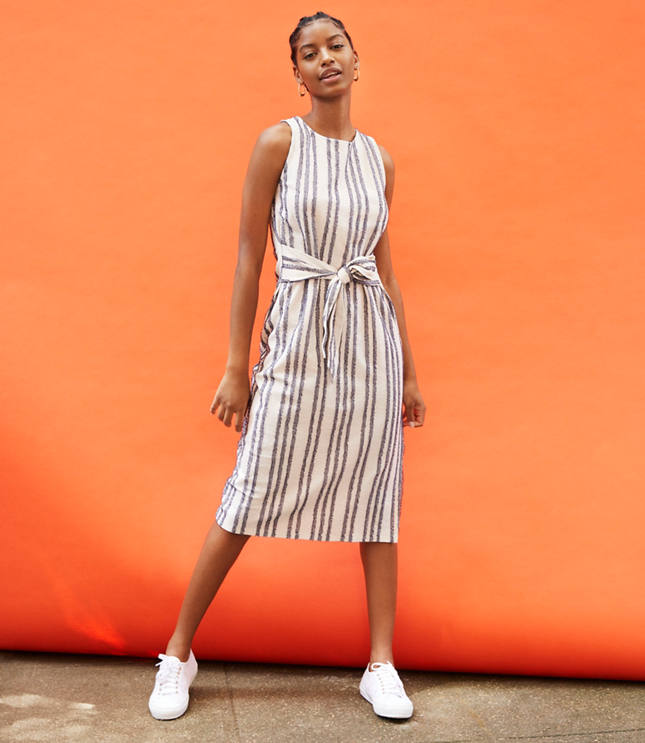 warehouse neutral stripe midi dress