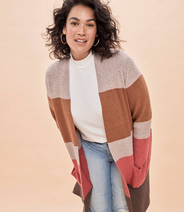 LOFT Plus Colorblock Ribbed Pocket Open Cardigan