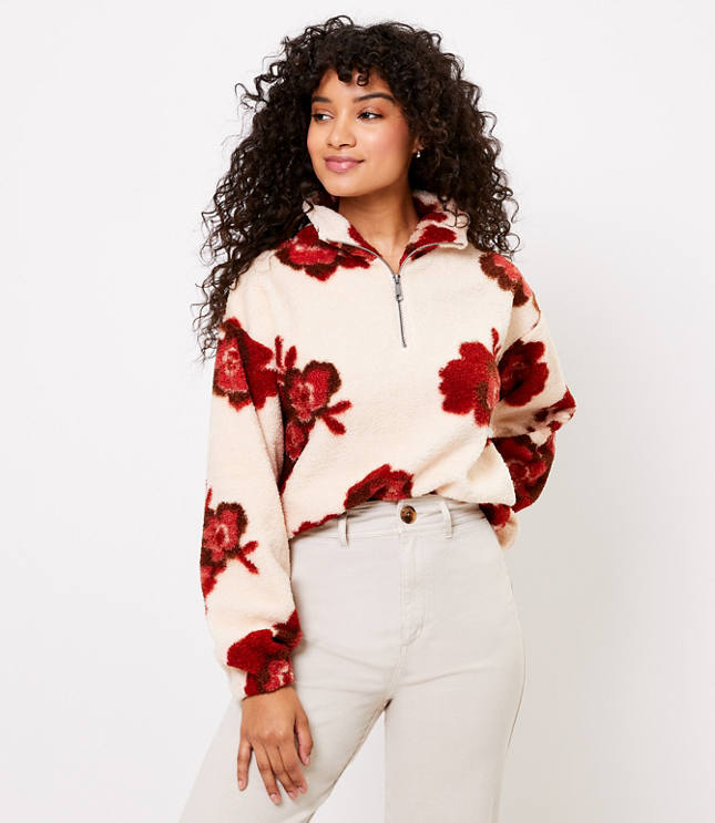 Floral Sherpa Zip Sweatshirt