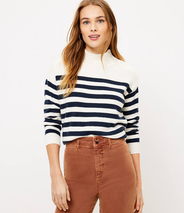 striped shoulder button sweater