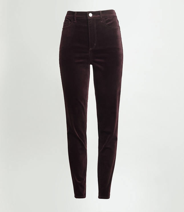 Red velvet mid rise womens skinny pants with pockets