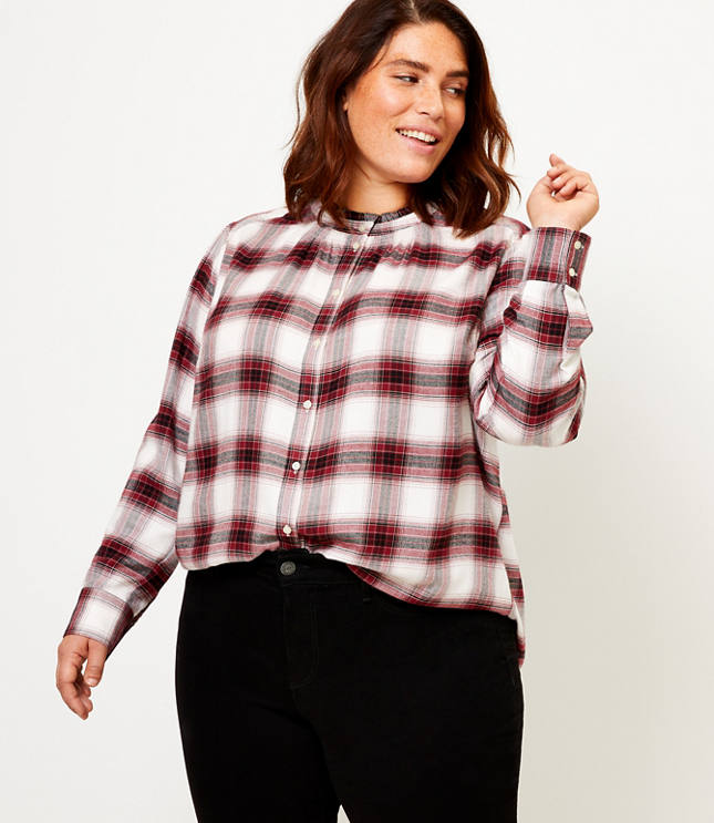 Loft Plus Plaid Smocked Ruffle Neck Blouse 2342