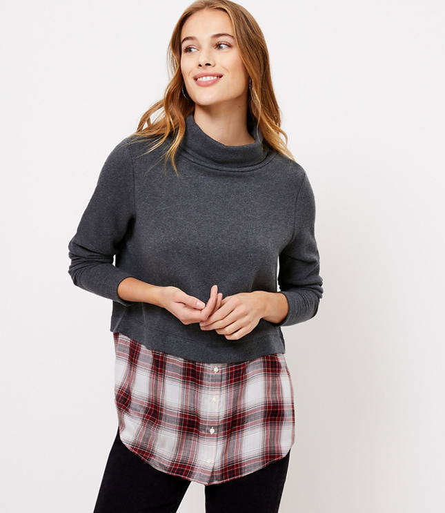 Petite Plaid Layered Mixed Media Turtleneck Top