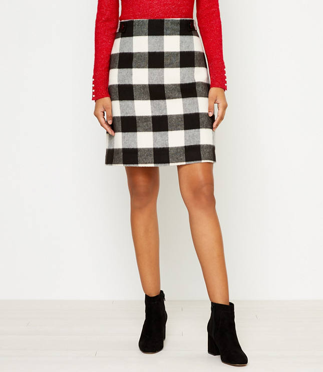 Petite Buffalo Plaid Button Tab Shift Skirt