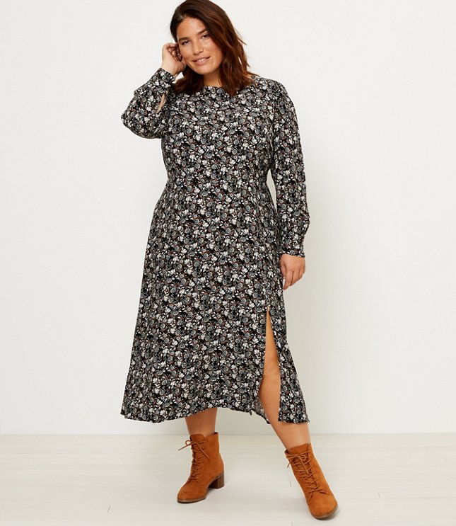 LOFT Plus Floral Puff Sleeve Pocket Midi Dress