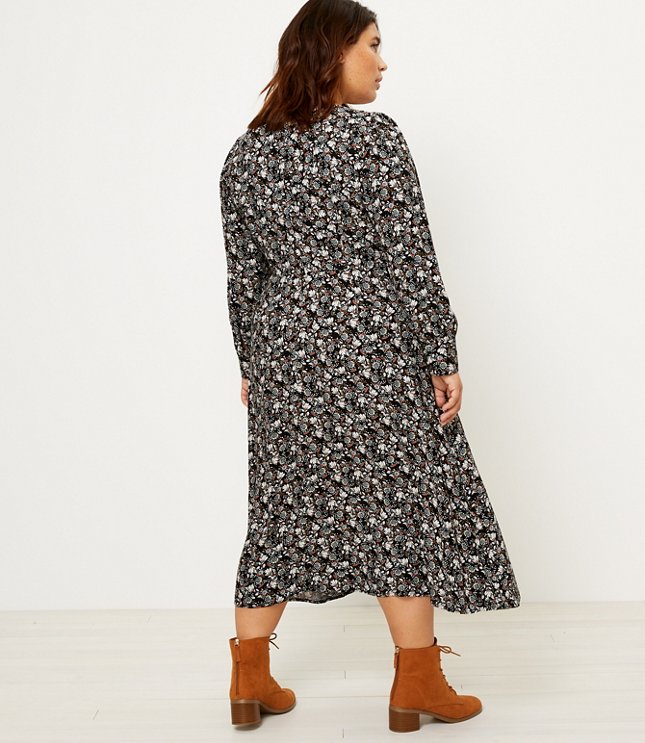 LOFT Plus Floral Puff Sleeve Pocket Midi Dress