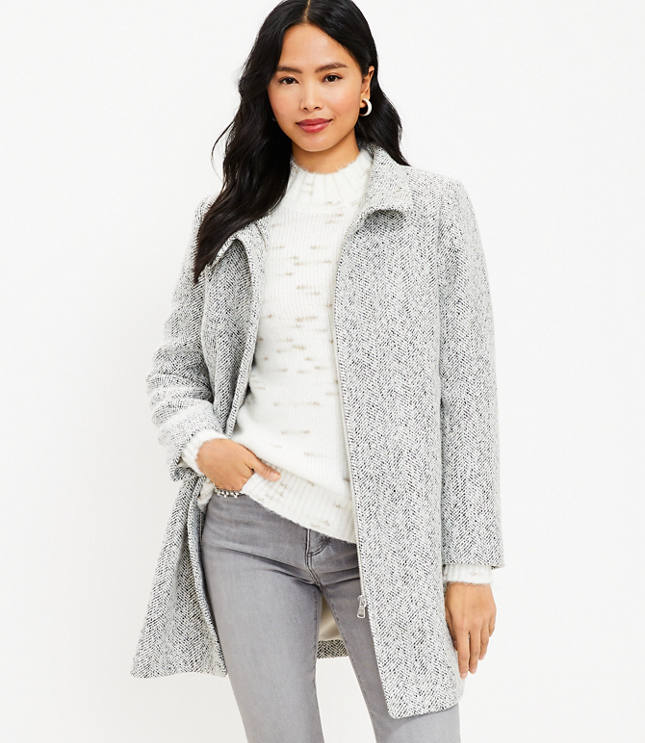 Classic Herringbone Wool Coat with Mock Neckline