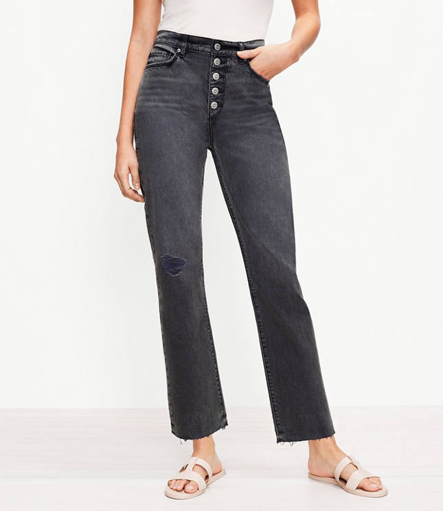 The Button Front Fresh Cut High Waist Straight Crop Jean in Washed Black Wash