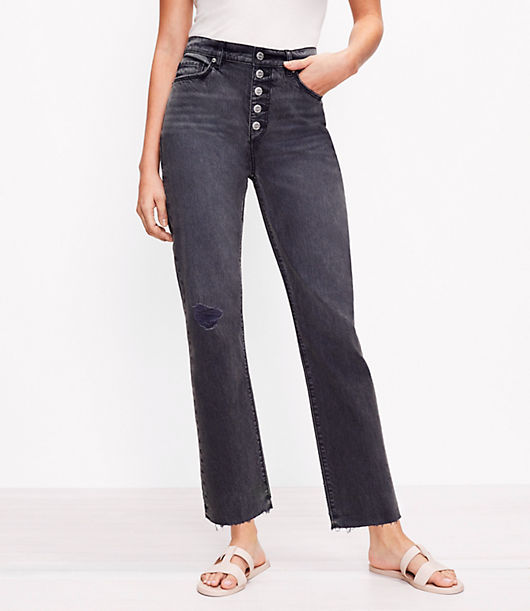 Loft Button Front Fresh Cut High Rise Straight Crop Jeans in Washed Black Wash