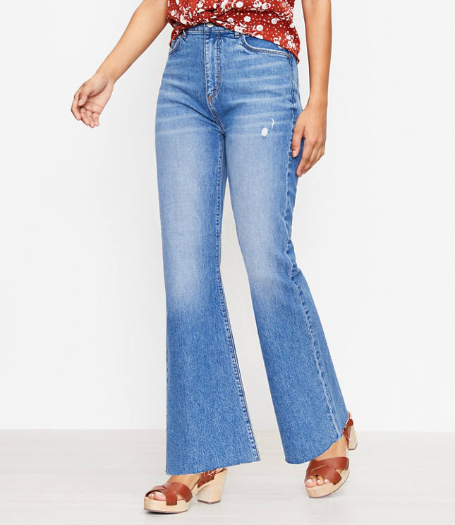 Loft Fresh Cut High Rise Sandal Flare Jeans in Staple Mid Indigo Wash