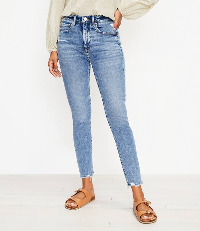 Loft the frayed high waist skinny ankle jean in pure mid indigo wash