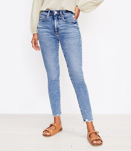 Loft The Frayed High Waist Skinny Ankle Jean in Pure Mid Indigo Wash