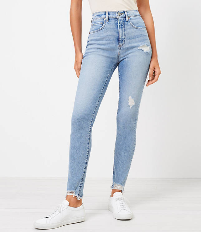 Chewed Hem High Rise Skinny Jeans in Pure Light Indigo Wash