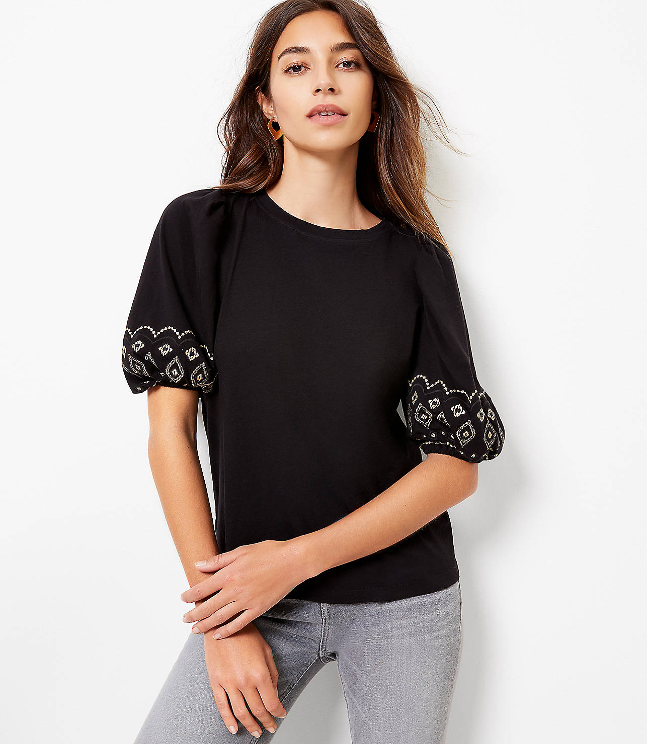 Embroidered Balloon Sleeve Top
