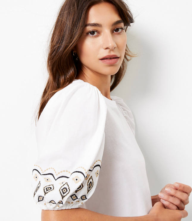 Embroidered Balloon Sleeve Top